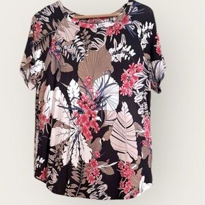 ALIGADUO Floral Tropical Print Blouse Black Pink Brown Short Sleeve Top XL